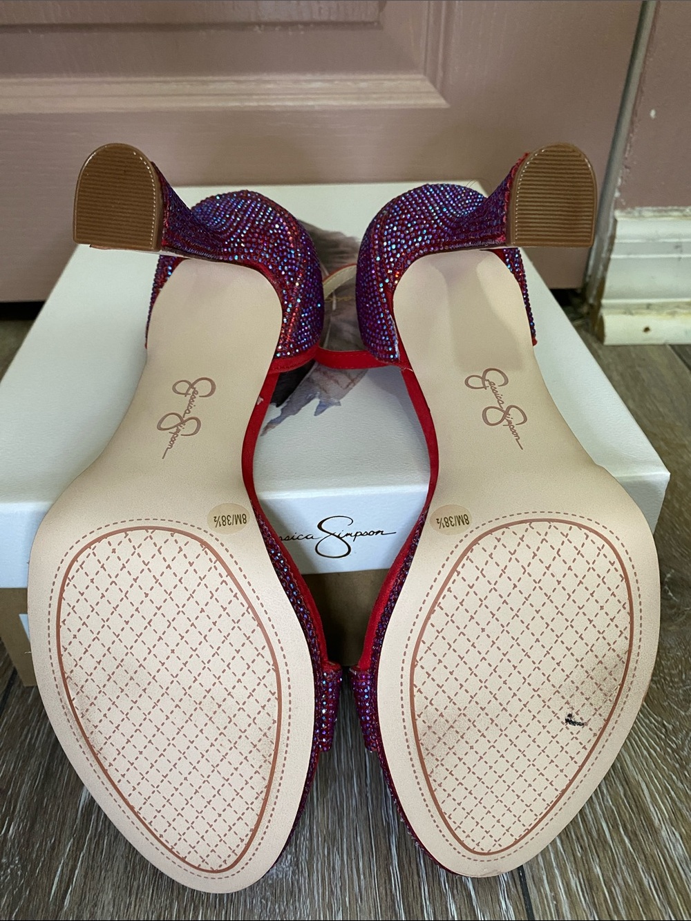 Jessica Simpson Red Suede Ankle-Strap Heels with Crystal Strap - Picture 6 of 8